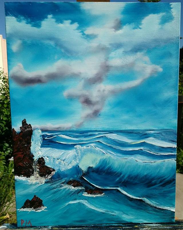 Painting of waves breaking against a rock