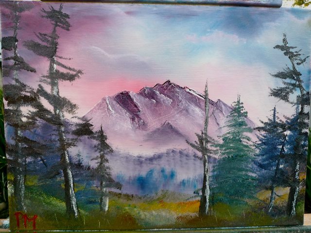Painting of mountain and scraggly trees at sunset