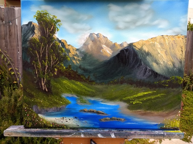 Painting of a pond in an alpine meadow, with a few trees