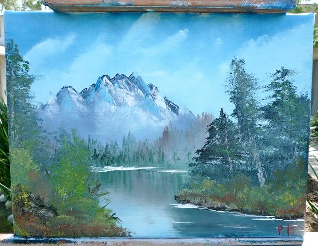 Painting of mountain with lake