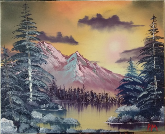 Painting of snowy mountains and frosted shrubberies