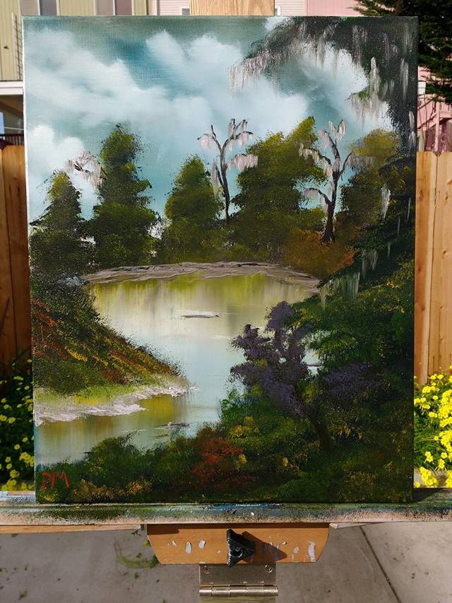 Painting of swamp with Spanish moss.