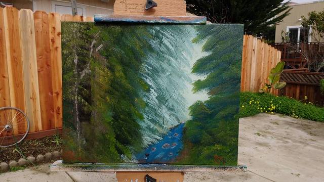 Painting of rushing creek in a forest.
