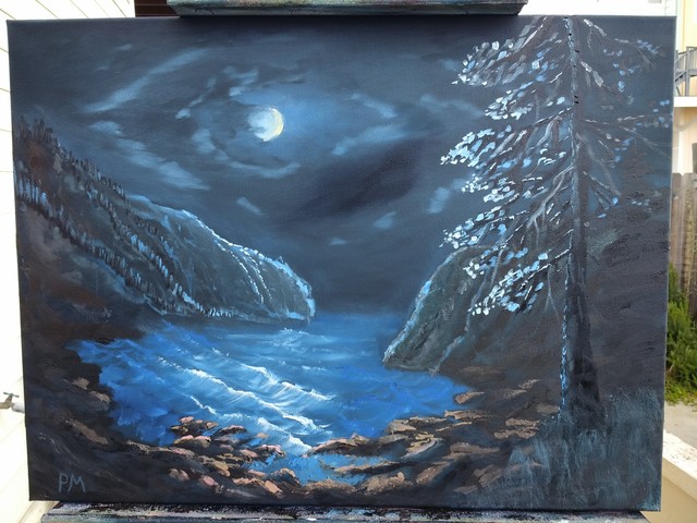 Painting of a rocky, Northern California Coast, with evergreen tree, at night.