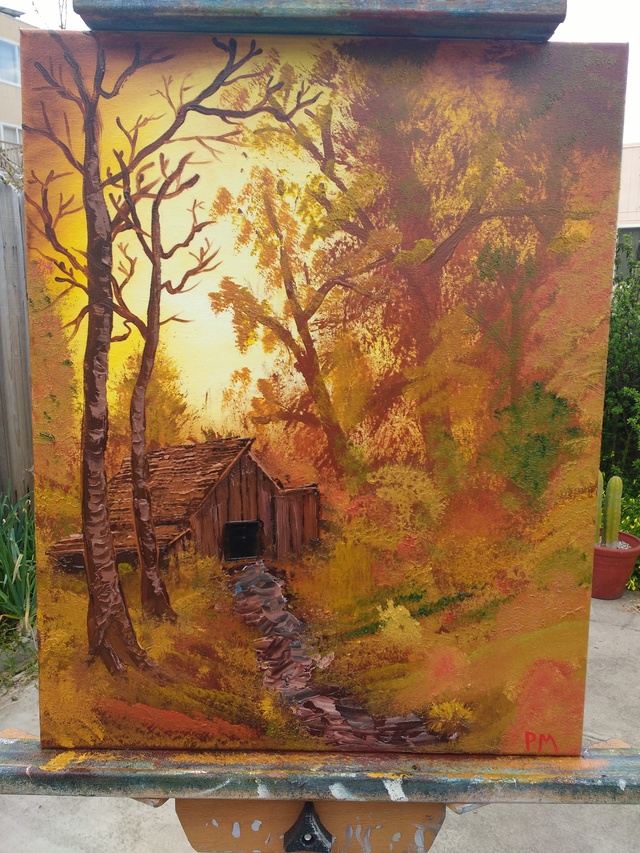 Painting of barn in woods will autumn colors
