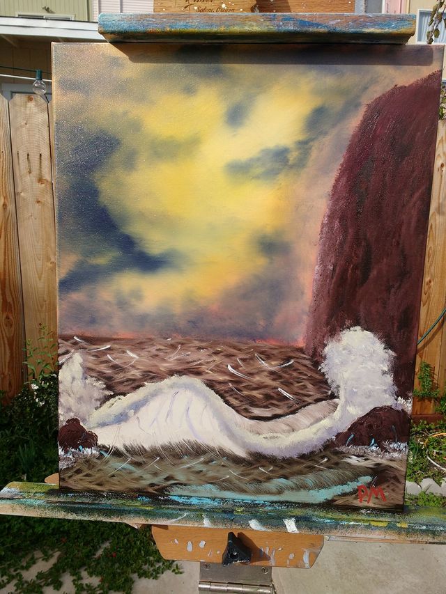 Painting of waves breaking by a seacliff at sunset.