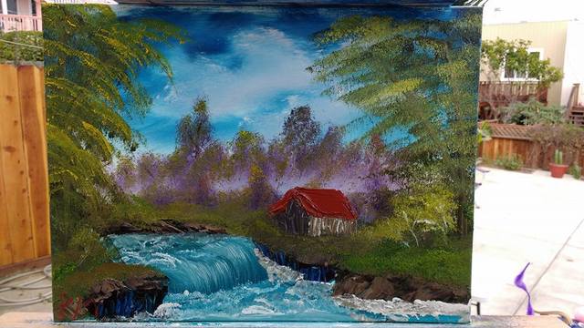 Painting of a rushing creek with a waterfall, and a shed.