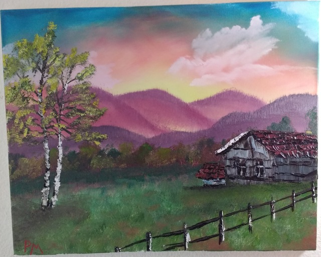 Painting of field before foothills, with rustic house and fence, at sunset.