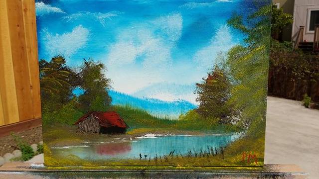 A painting of a barn by a pond.