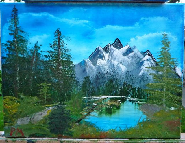 Painting of mountain lake surrounded by brush