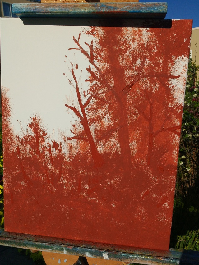 Painting of barn in woods will autumn colors